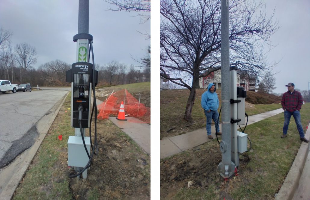 Street Light Charging Station installed at N Granby Apartment complex in Kansas City, Missouri, one of the 30 locations chosen for street light charging installation.